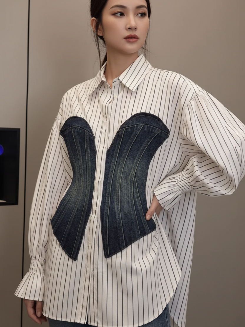 Cotton shirt with denim patch by EXCLUSIVES, white striped top with dark denim corset patch
