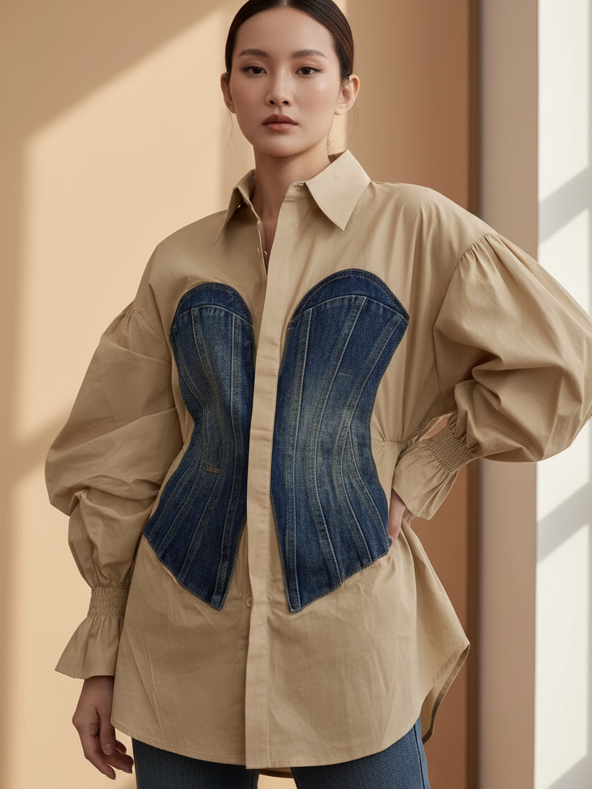 Cotton shirt with denim patch corset overlay; tan oversized top with puff sleeves.