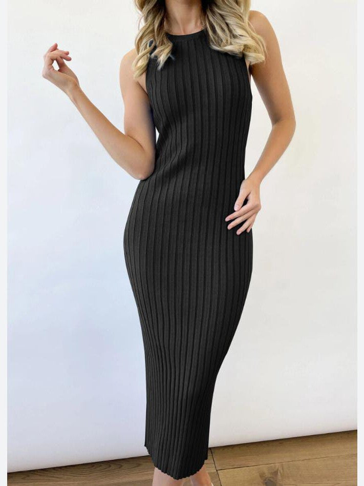 Knitted Ribbed Stripe Sleeveless Midi Dress