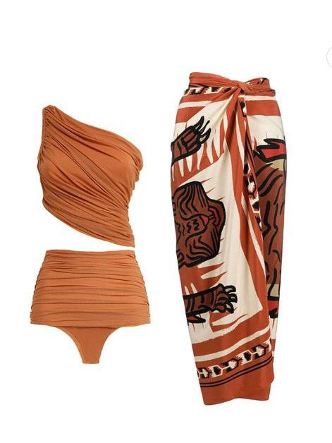 One Shoulder Top & Shorts & Split Skirt 3 Piece Coord Set