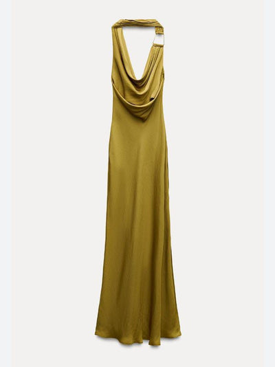 Cowl Neck Backless Halter Applique Maxi Dress