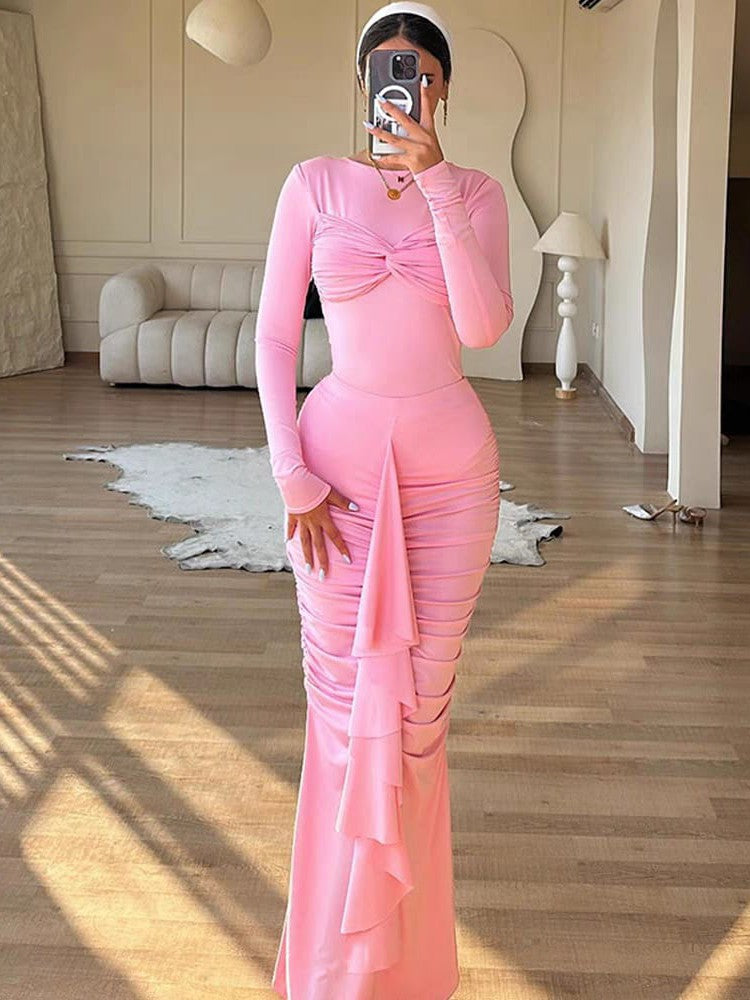 Drapped Ruched Ruffle Bodycon Maxi Dress Drapped Ruched Ruffle Bodycon Maxi Dress