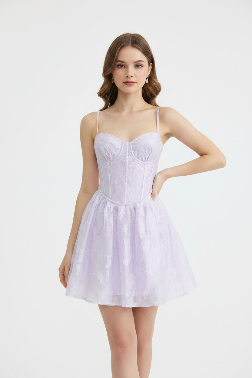 Jacquard boning corset flare short dress in lavender by EXCLUSIVES
