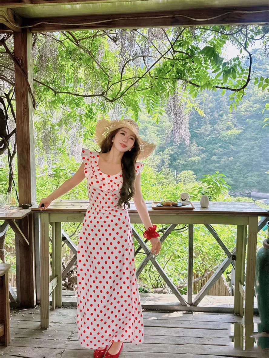 poke a dot dress Polka Dot Ruffle Tie Back Midi Dress