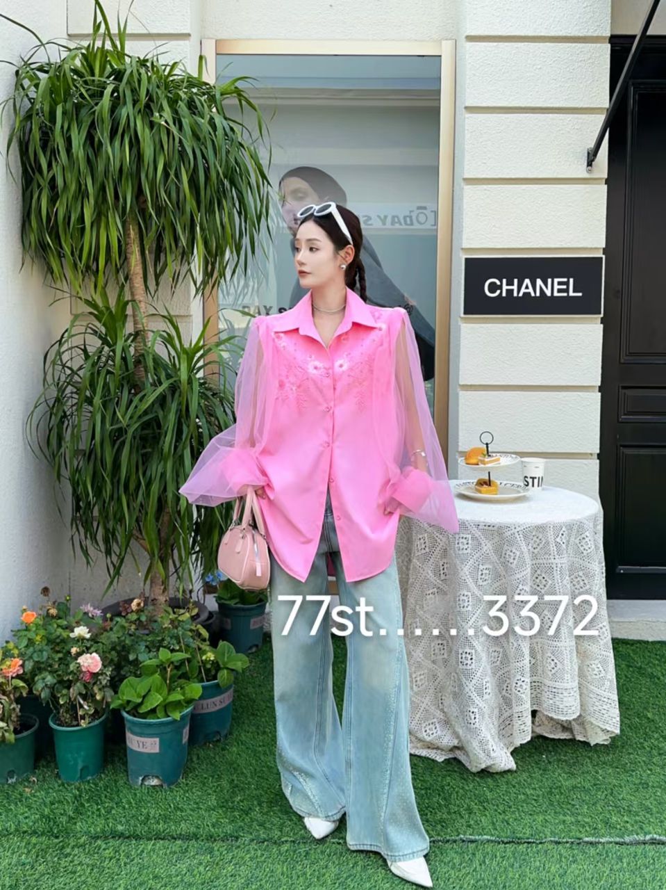 Embroidered Beads Oversized Fit Shirt Dress with Net Bell Sleeves