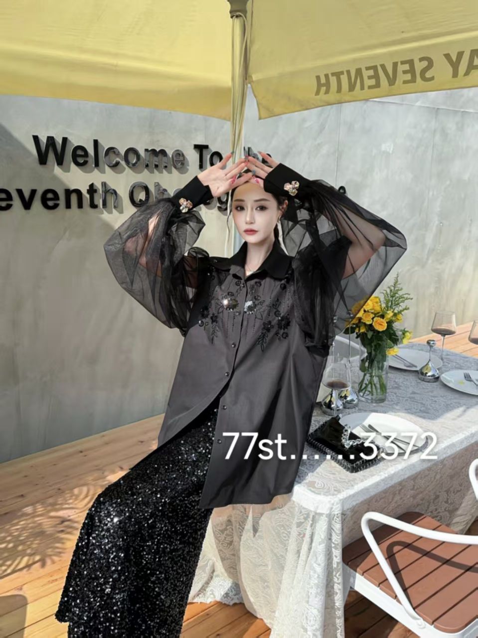 Embroidered Beads Oversized Fit Shirt Dress with Net Bell Sleeves