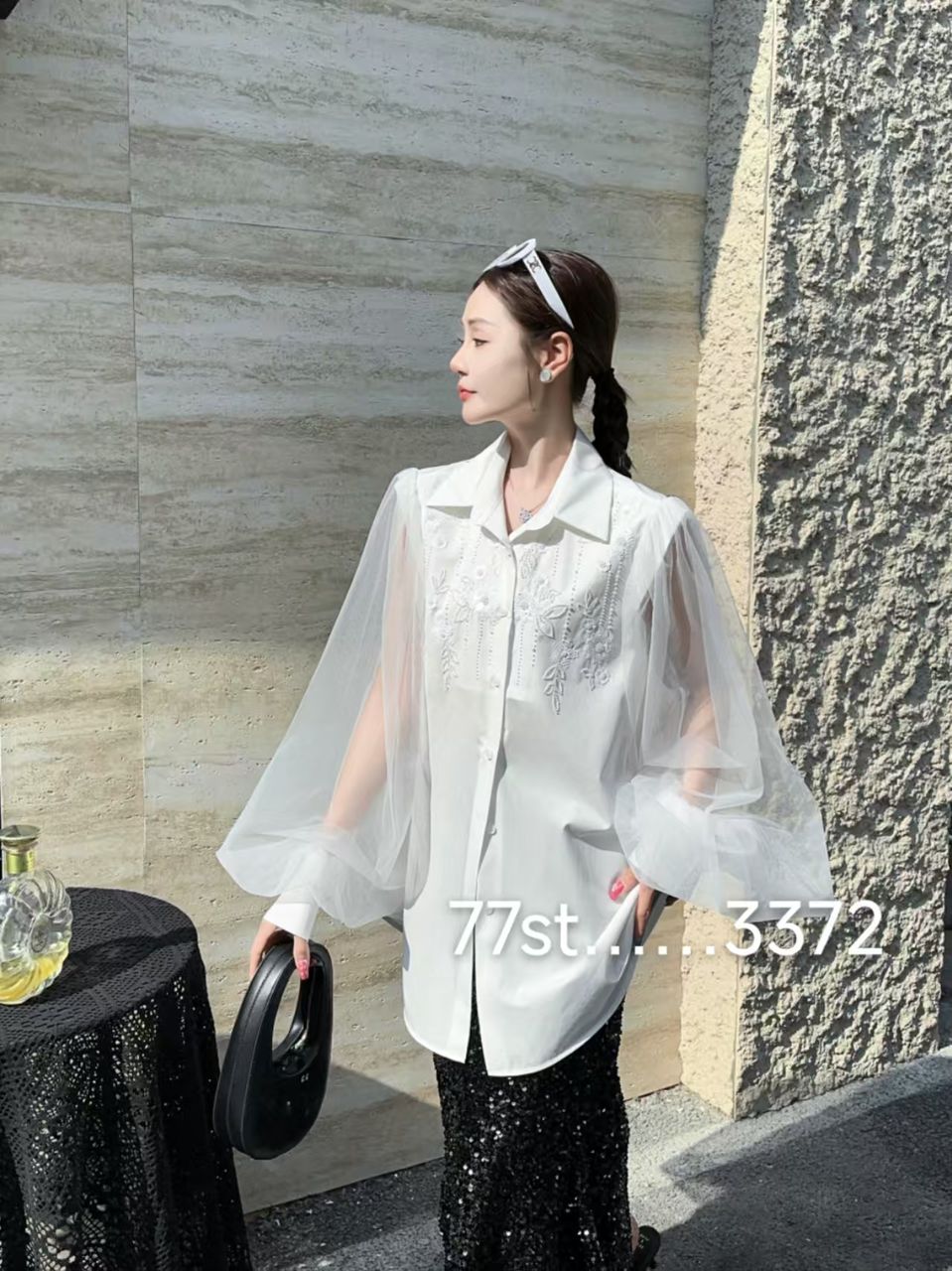 Embroidered Beads Oversized Fit Shirt Dress with Net Bell Sleeves