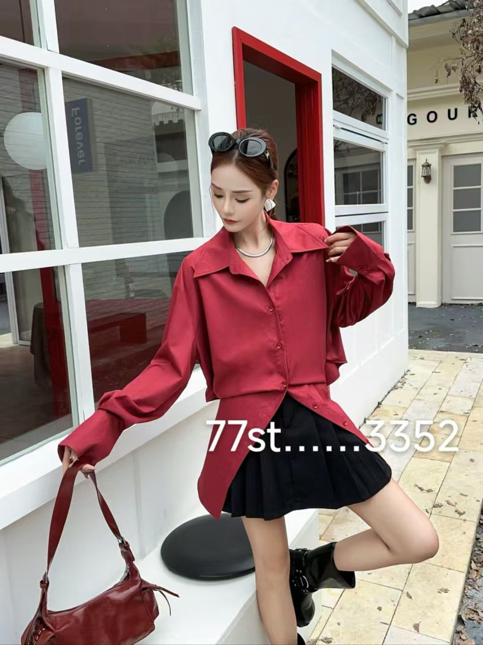 Burgundy Red Oversized Fit Shirt Dress with Crop Back