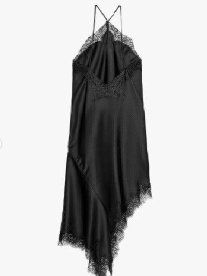 Lace Trim Asymmetrical Slip Dress by Exclusives, black satin with lace trim and thin straps.