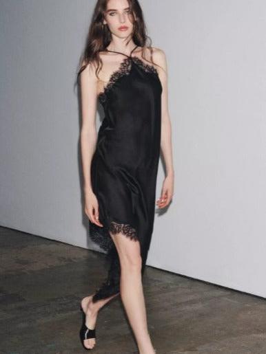 Lace Trim Asymmetrical Slip Dress by Exclusives, black with lace trim.