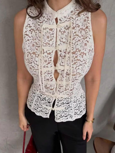 Ivory lace Mandarin top, sleeveless blouse with ribbon ties down the front