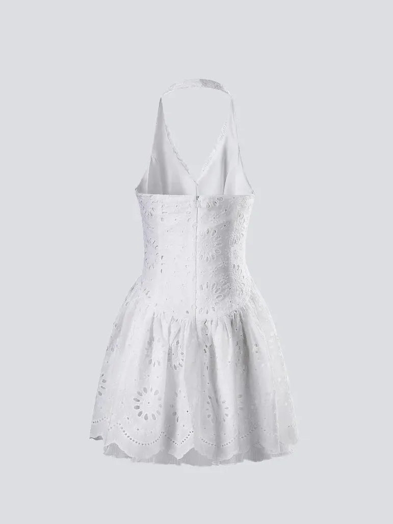 White Halterneck Eyelet Chikan Short Flare Dress