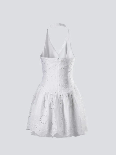 White Halterneck Eyelet Chikan Short Flare Dress
