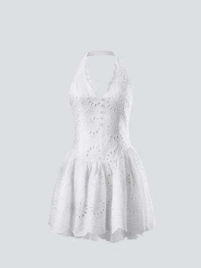 White Halterneck Eyelet Chikan Short Flare Dress