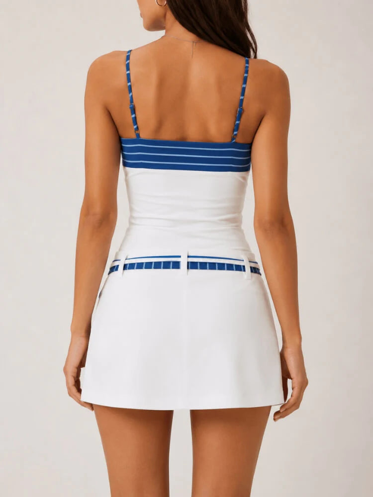 Sail Away Stripe Cami Skirt Set, white two-piece outfit with blue striped accents by Exclusives, back view