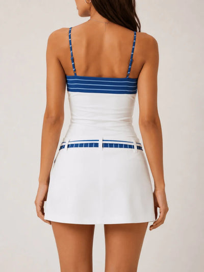 Sail Away Stripe Cami Skirt Set, white two-piece outfit with blue striped accents by Exclusives, back view