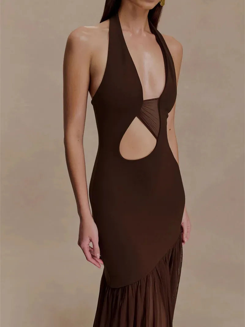 Halter Cut-Out Crepe & Mesh Maxi Dress by Exclusives in chocolate brown