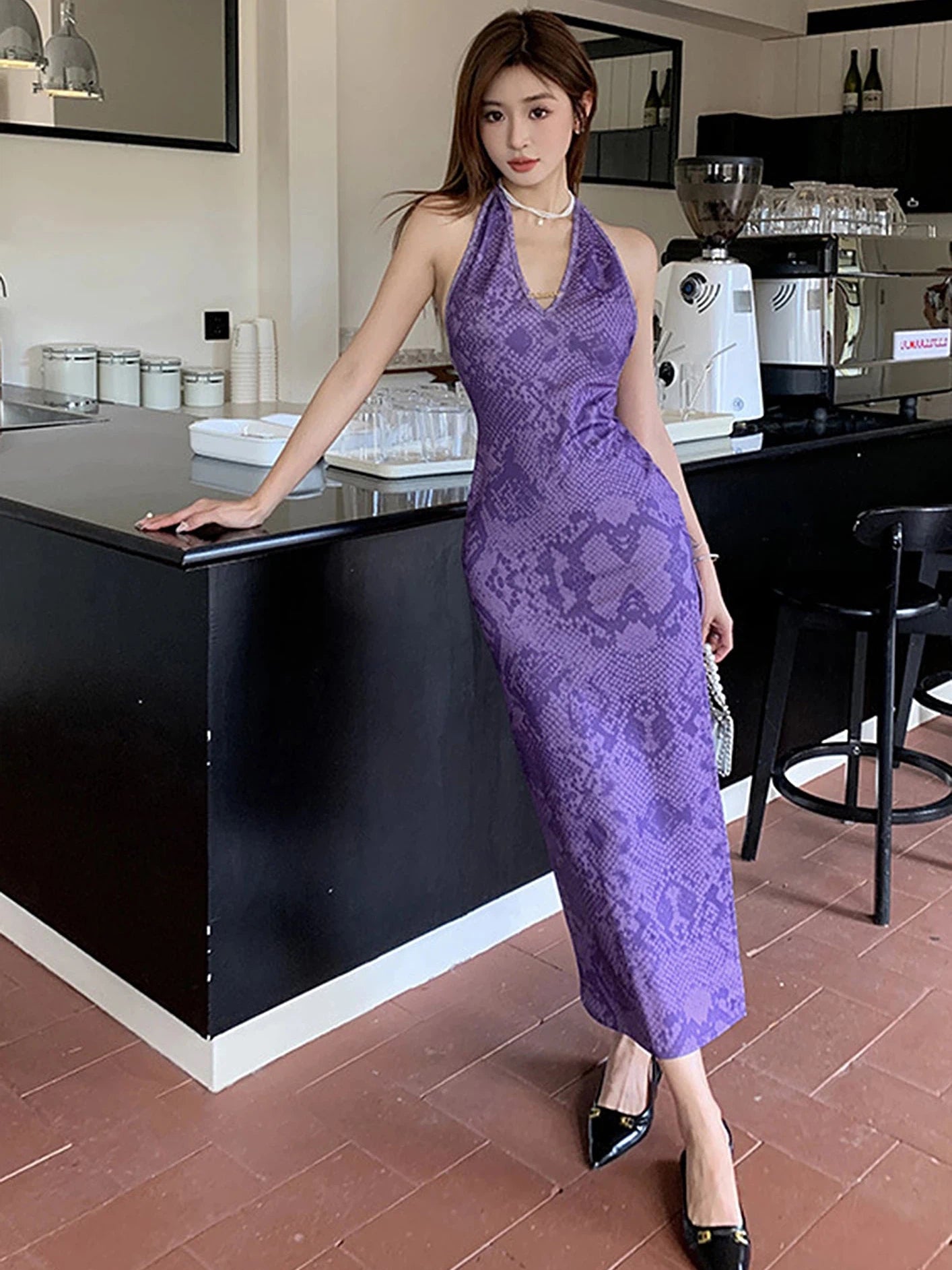 Animal Print Halterneck Backless Split Maxi Dress