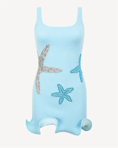 Starfish Short Ruffle Shimmery Dress Exclusives, light blue with silver and turquoise starfish appliques