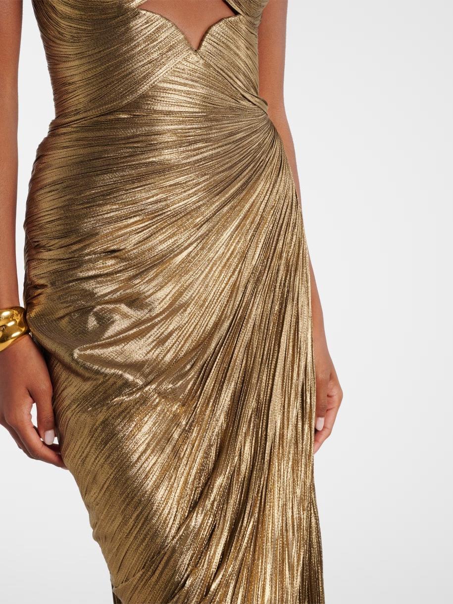 Gold metallic pleated strapless maxi dress with twisted drape at the waist and a small V-shaped cutout at the neckline
