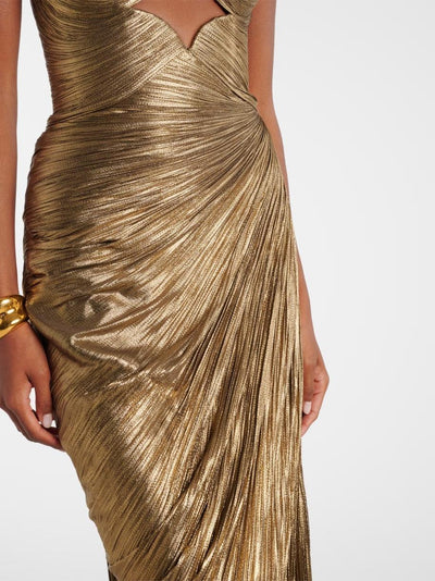 Gold metallic pleated strapless maxi dress with twisted drape at the waist and a small V-shaped cutout at the neckline