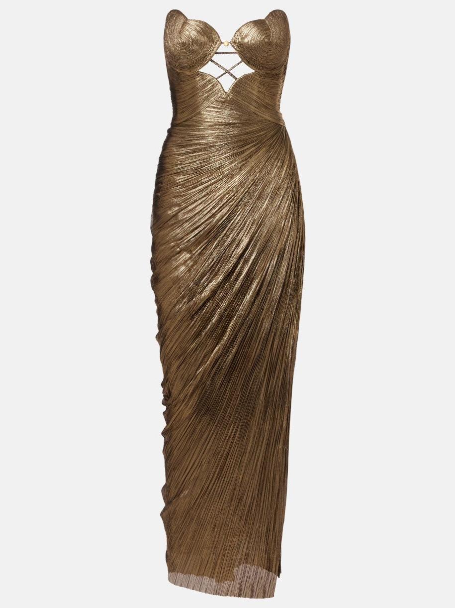 Gold metallic pleated strapless maxi dress with a sweetheart neckline and lattice chest cut-out.