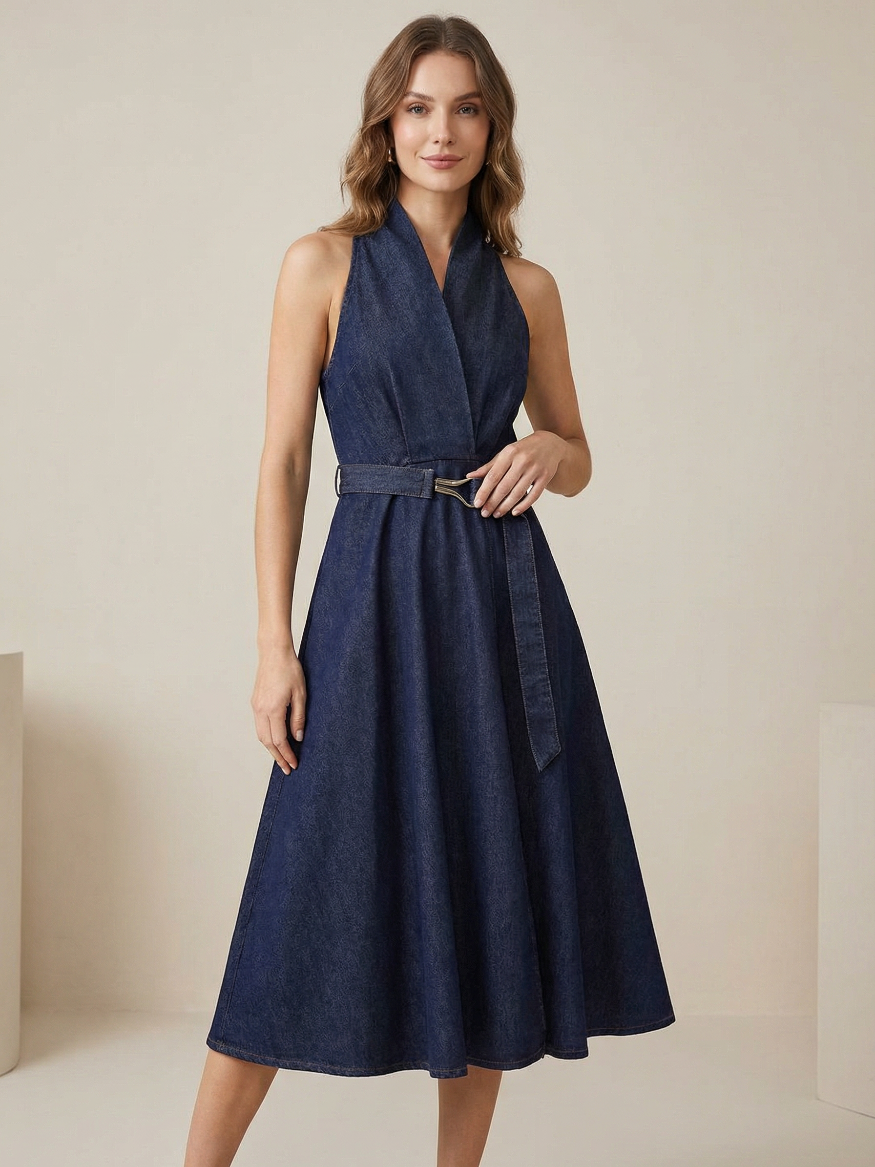Indigo denim halter-neck A-line midi dress with a matching belt and gold buckle, modeled in a neutral studio.