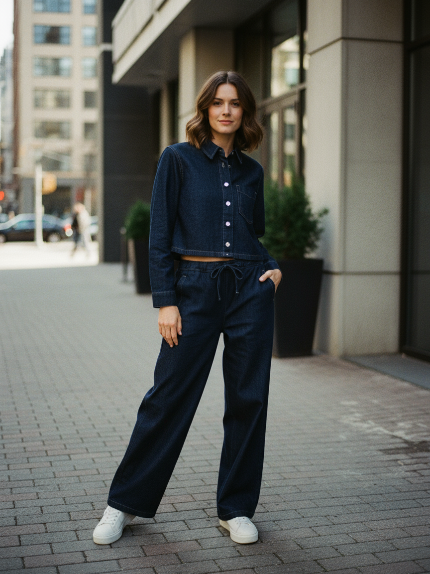 Denim Jacket Top & Pants Coord Set with Elastic Belt