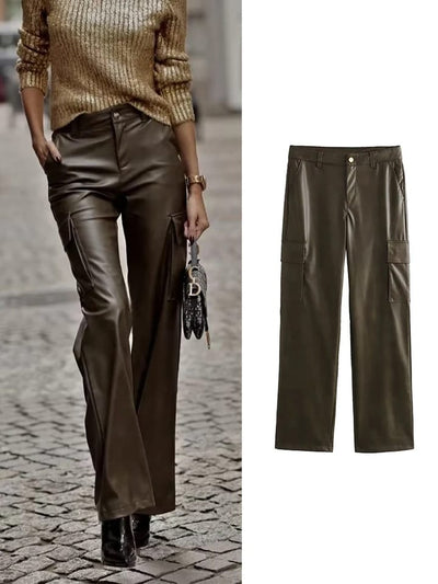 PU Leather Cargo Olive Green Pants