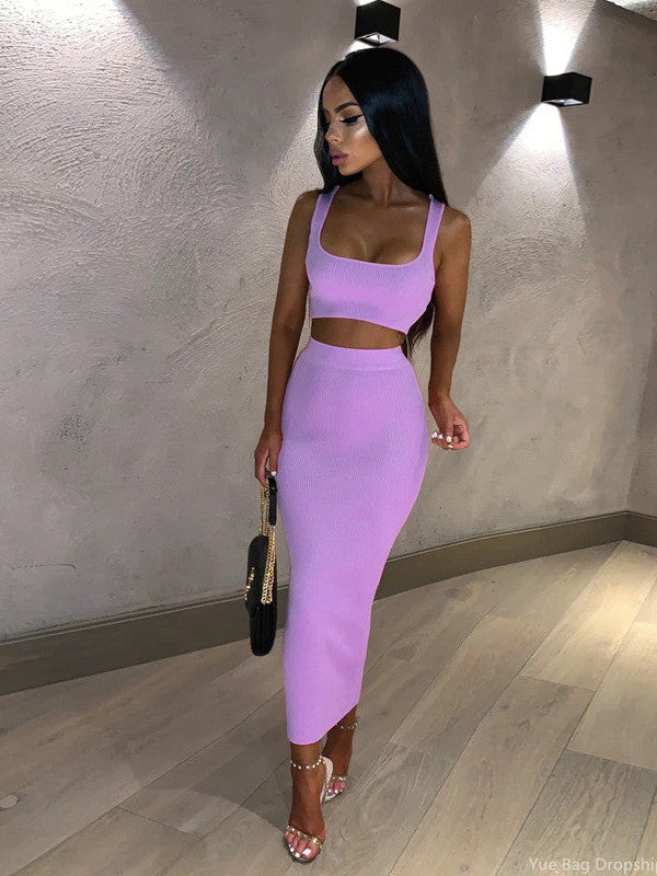 Ribbed Sleeves Crop & Skirt Coord Set