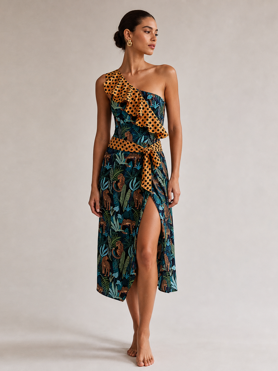 Swimwears tropical print one-piece bikini with orange polka-dot ruffle and waist-tie sarong