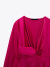 V Neck Silk Forged Texture Bow Tie Elastic Sleeve Dress