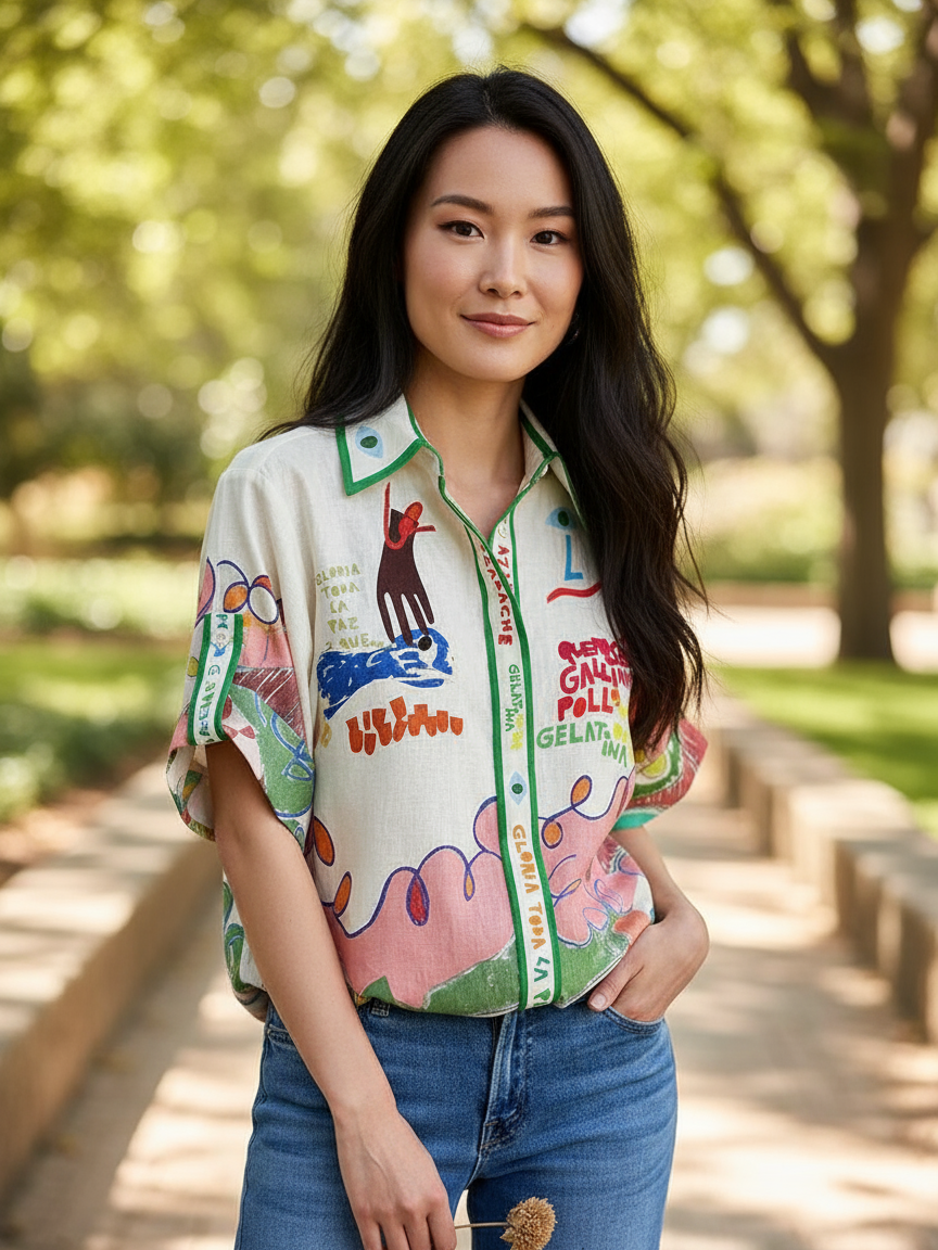 Letter Graphic Print Linen Shirt