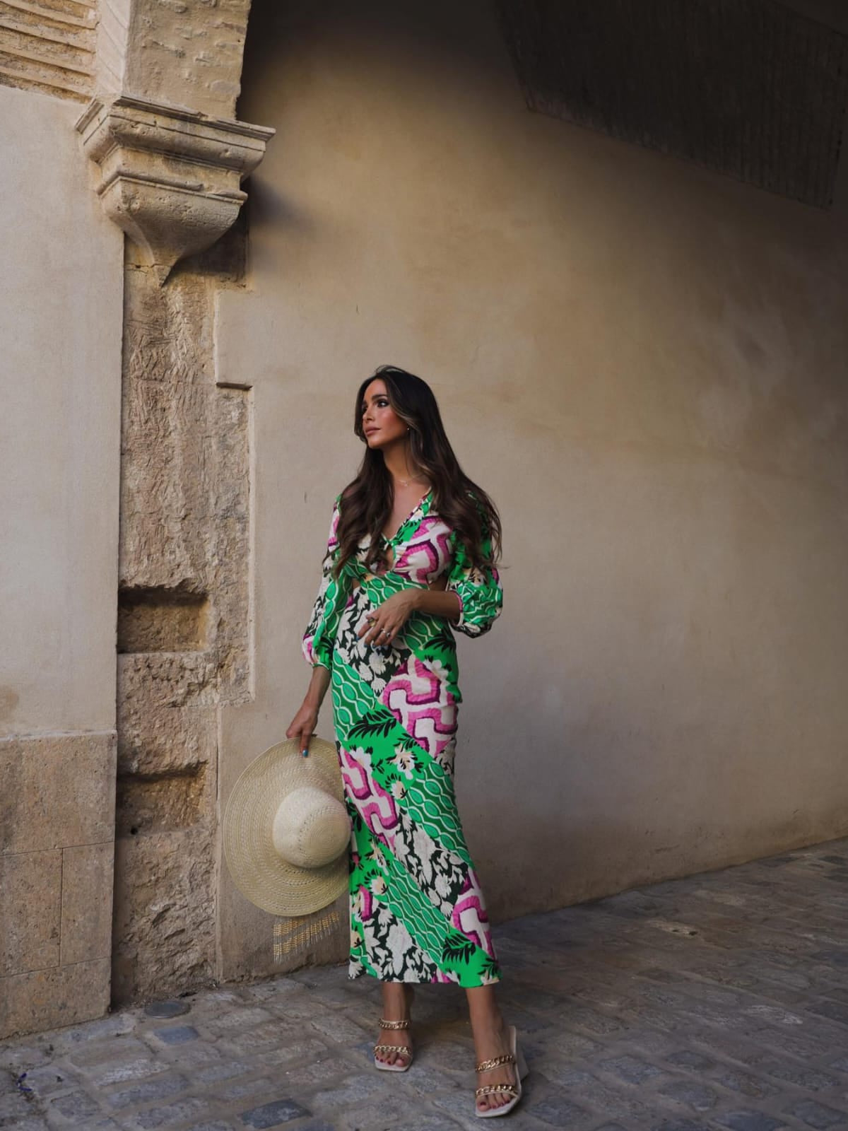 Green Printed Hollow Out Cutout Dress