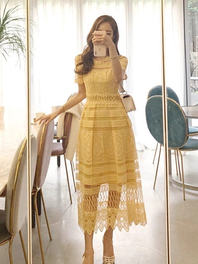 Yellow Crochet Lace Dress with Inner