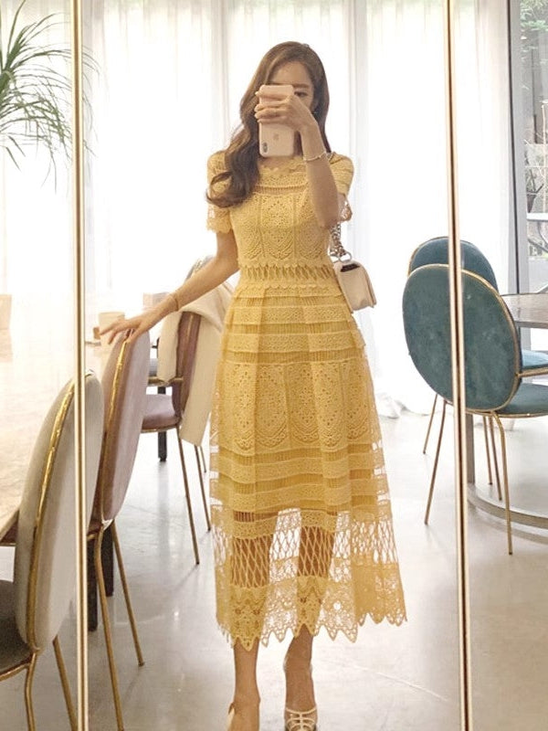Yellow Crochet Lace Dress with Inner