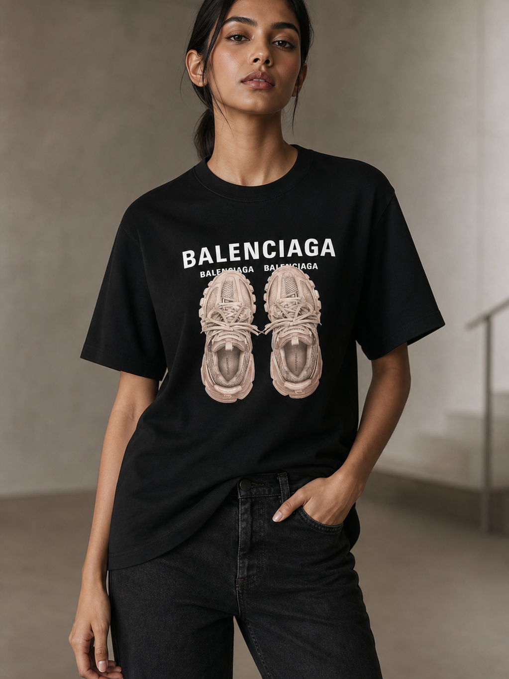 Print BA Cotton Lycra T-Shirt, black with Balenciaga logo and beige sneaker print.