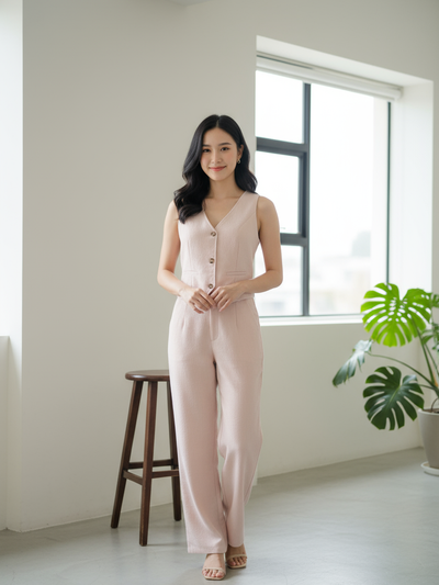 Pink Jacquard Print Waist Coat Vest & Pants Coord Set