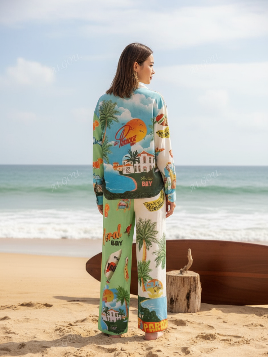 Summer Paradise Beach Print Shirt & Pants Coord Set