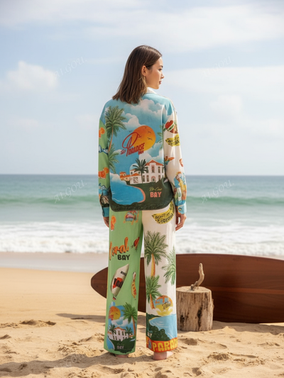 Summer Paradise Beach Print Shirt & Pants Coord Set