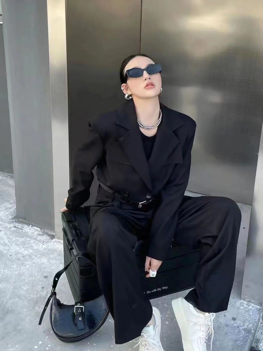 Black Crop Blazer & Wide Leg Pants Set With Belt