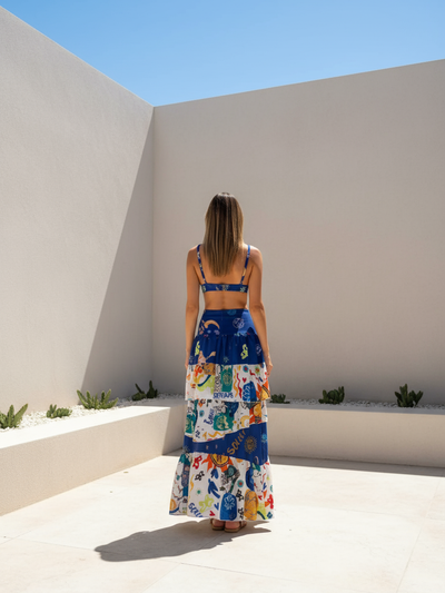 Doodle Print Braletter Top & Ruffle Skirt Coord Set