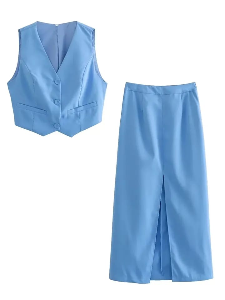 Blue Sleeveless Vest Waist Coat & Skirt Coord Set