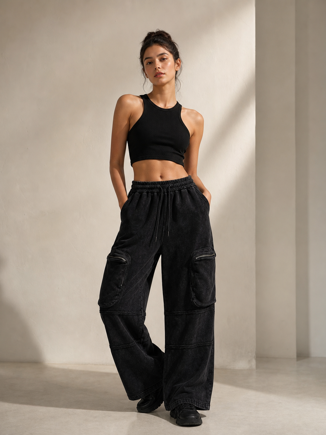 Cargo Wide Leg Pant With Pockets by EXCLUSIVES, black cargo pants with oversized side pockets
