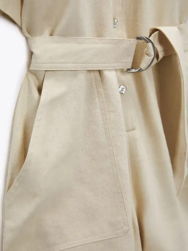 Linen Beige Belted Romper Jumpsuit