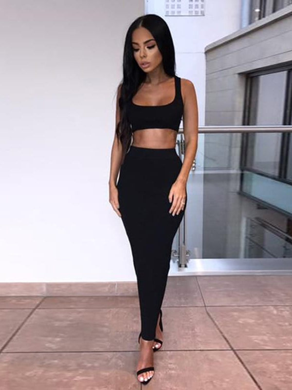 Ribbed Sleeves Crop & Skirt Coord Set