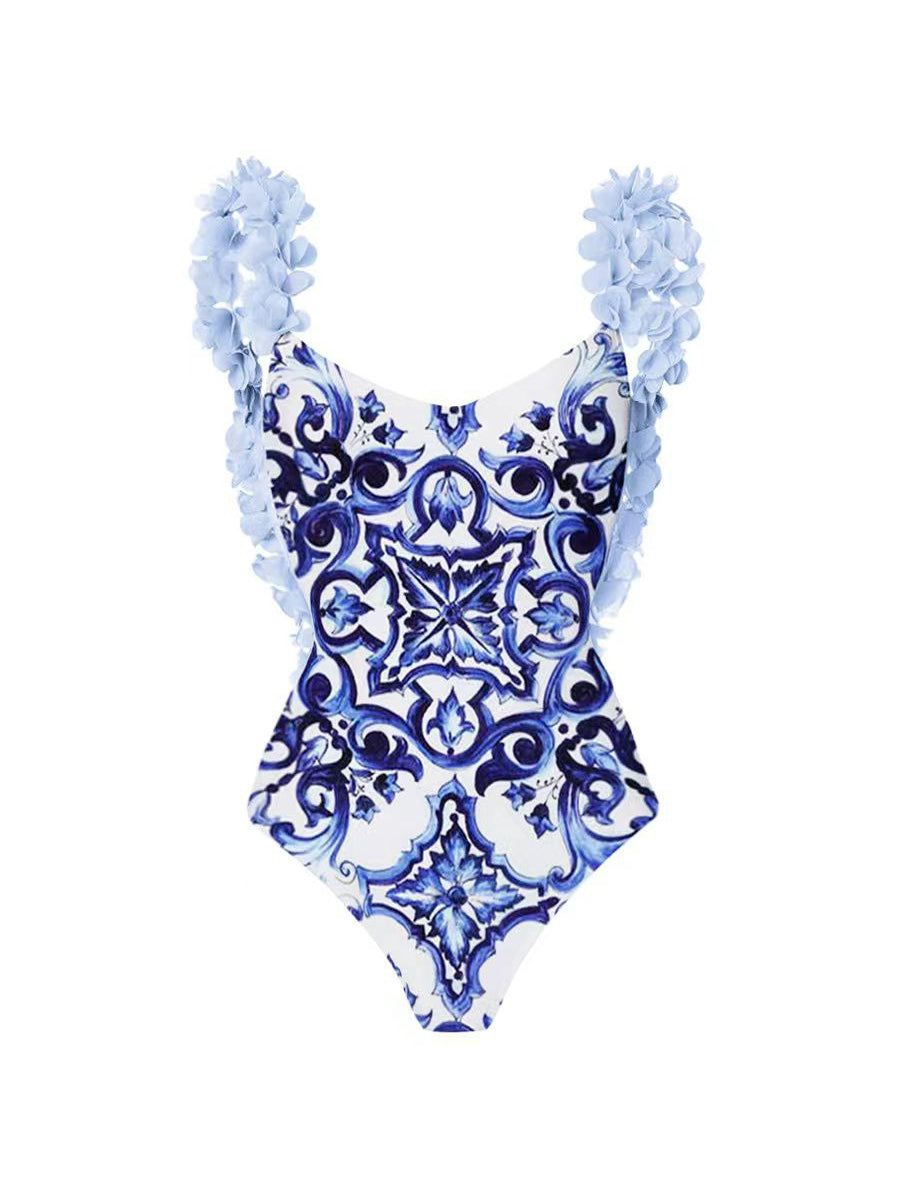Porcelain Print Ruffle Bikini Swimsuit Bodysuit