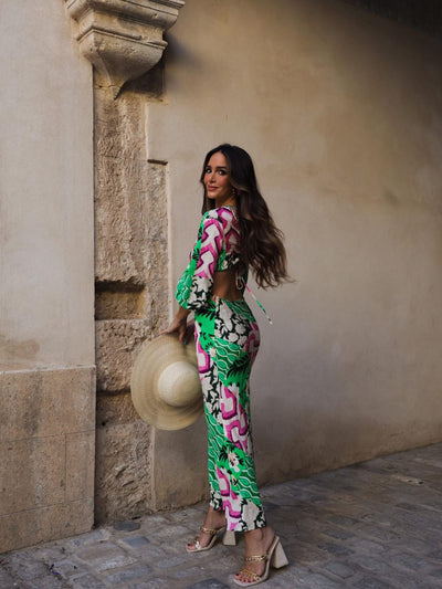 Green Printed Hollow Out Cutout Dress