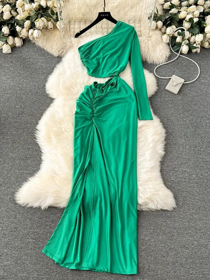 One Shoulder Cutout High Split Maxi Dress