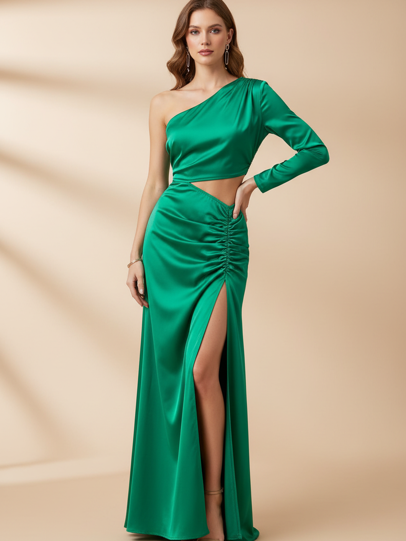 One Shoulder Cutout High Split Maxi Dress in emerald satin by EXCLUSIVES